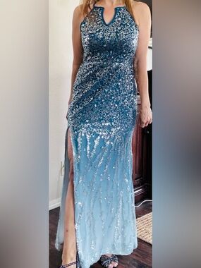 Embellished Teal Sequined Formal Gown